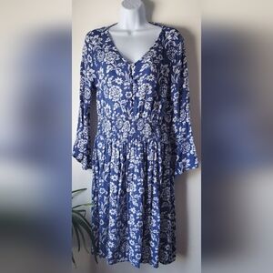 J.Dee Womens Blue Floral Long Sleeve Mini Dress Size Medium Boho Beachy Travel